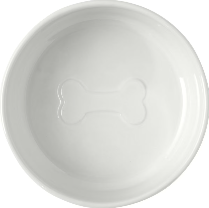WHITE CERAMIC FOOD BOWL WITH WOOD BASE