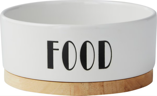 WHITE CERAMIC FOOD BOWL WITH WOOD BASE