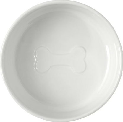 WHITE CERAMIC FOOD BOWL WITH WOOD BASE