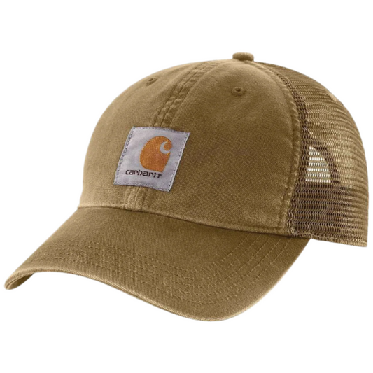 Brown cap with mesh back and Carhartt logo on a white background